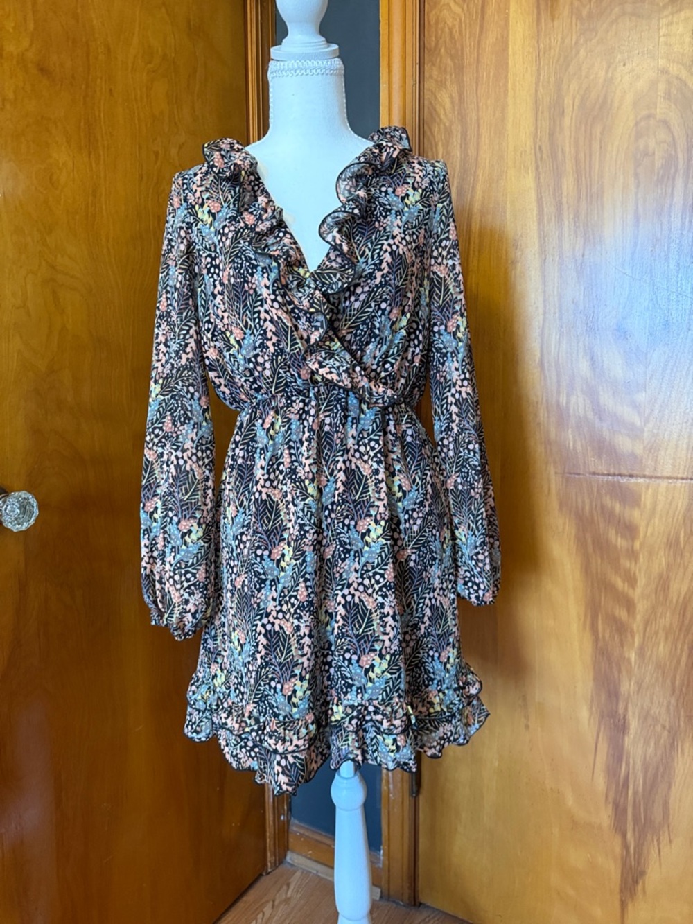 Topshop Black Floral Ruffle Wrap Dress.